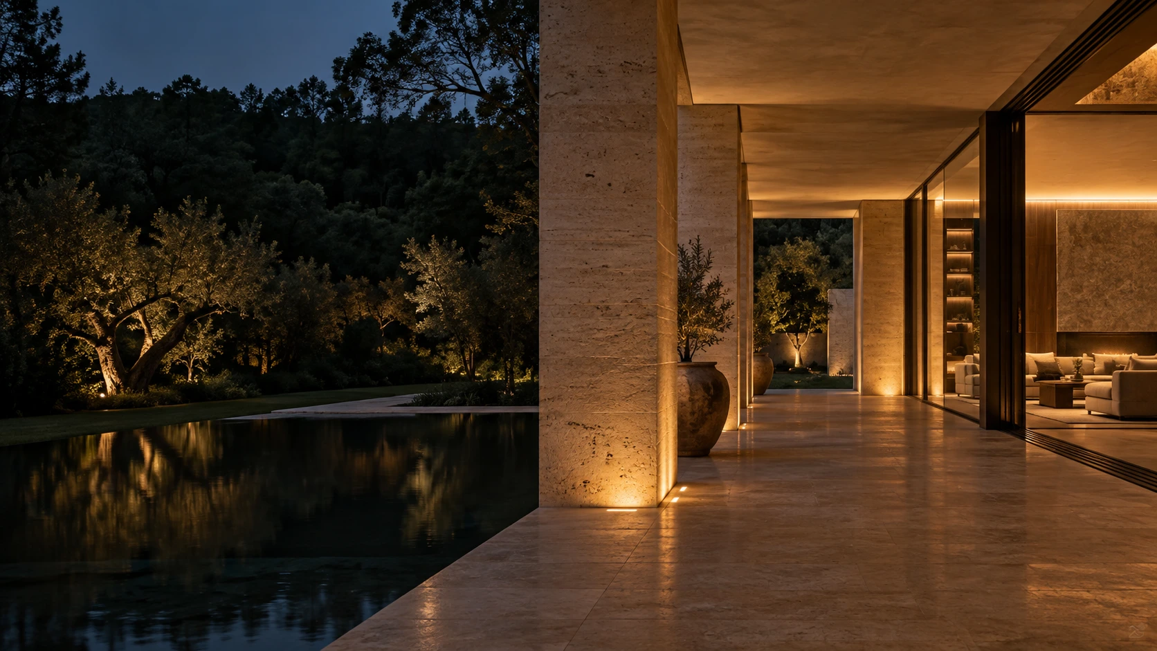 Architectural visualization of a modern luxury residence with limestone columns, expansive glazing, and discreet integrated lighting.
